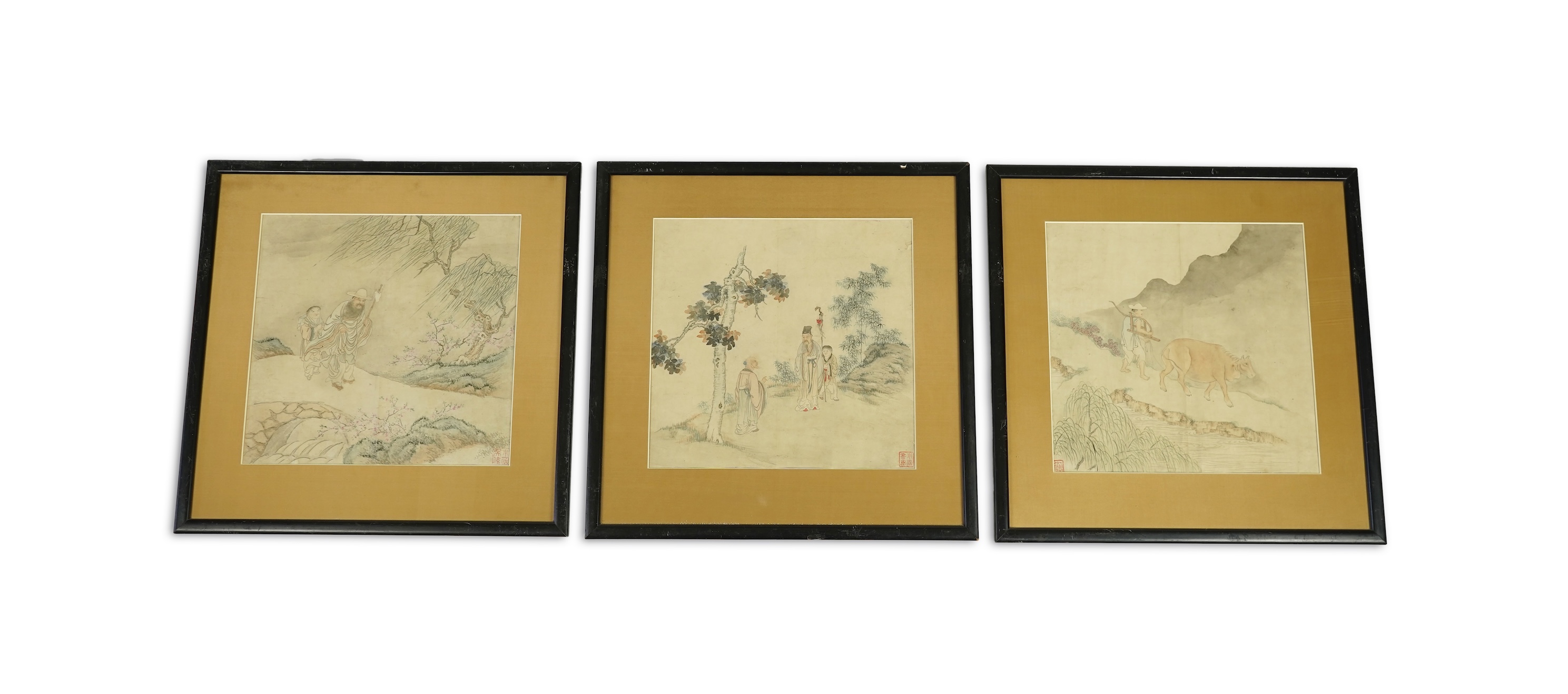 Chinese School , (19th century), Sage and boy, Farmer and ox, and two sages and attendant, Ink and colour on rice paper; three works, 38.5cm x 39.5cm, framed and glazed